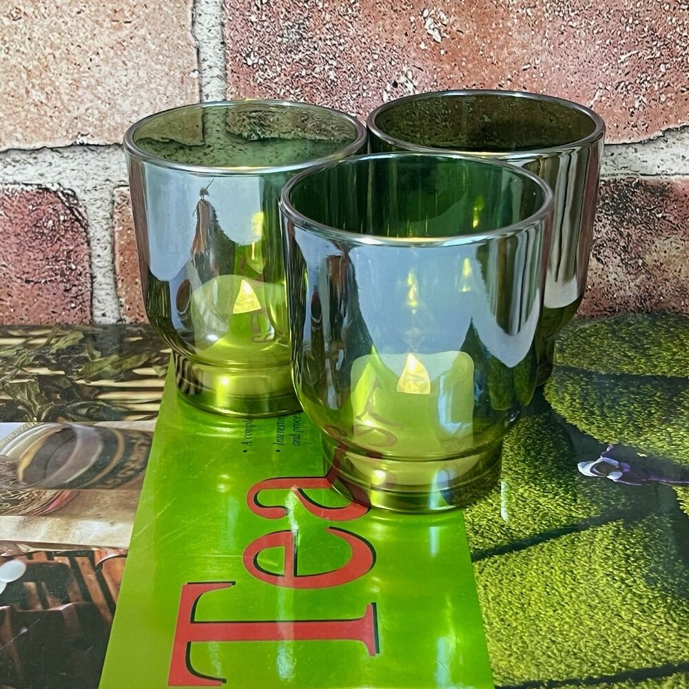 Iridescent Green Glass Votive Candle Holder Set of 3 Round Reflective Minimalist